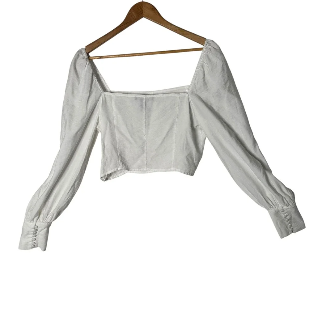Womens L‎ White Corset Crop Top Long Sleeve Square Neck Coastal Cowgirl Western